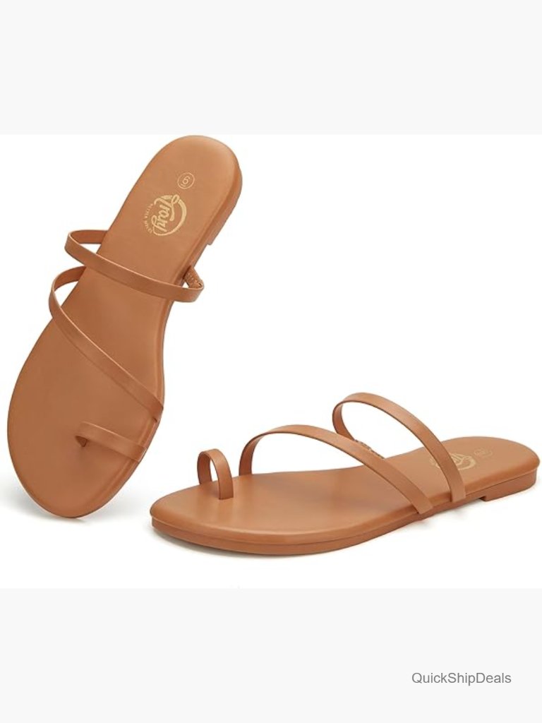 Strappy Flat Sandals With Toe Loop Non-Slip Tpr Sole Faux Leather